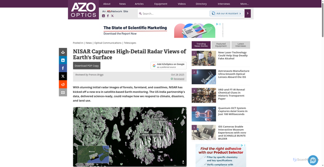 Security scan screenshot of https://www.azooptics.com/News.aspx?newsID=30514
