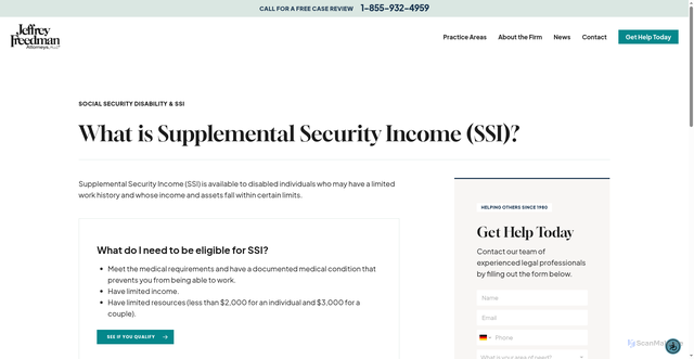 Security scan screenshot of https://www.jeffreyfreedman.com/socialsecuritydisabilityssi/coverage-from-supplemental-security-income/