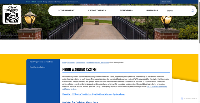 Security scan screenshot of https://www.ucitymo.org/927/Flood-Warning-System