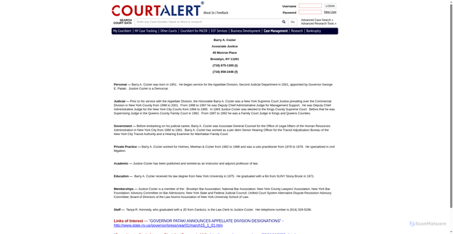 Security scan screenshot of https://www.courtalert.com/JudgeCozier.asp