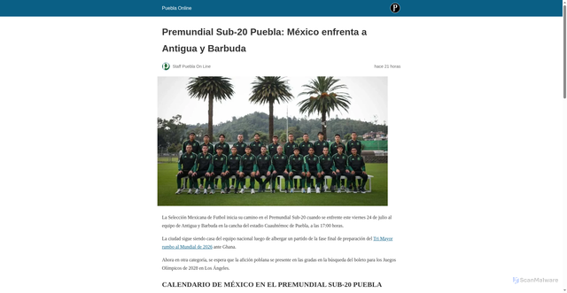 Security scan screenshot of https://www.pueblaonline.com.mx/2026/deportes/premundial-sub-20-en-puebla-mexico-enfrenta-a-antigua-y-barbuda/157313/?amp=1