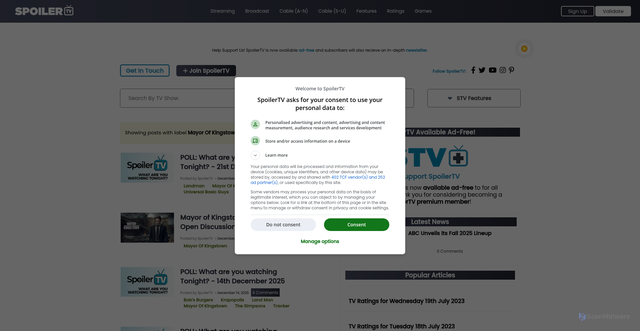Security scan screenshot of https://www.spoilertv.com/search/label/Mayor%20Of%20Kingstown