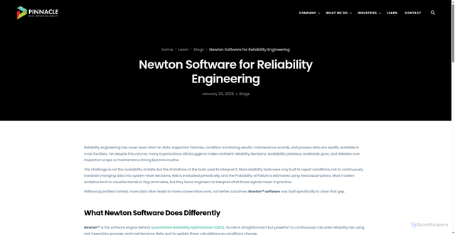 Security scan screenshot of https://pinnaclereliability.com/learn/blogs/newton-software-for-reliability-engineering/