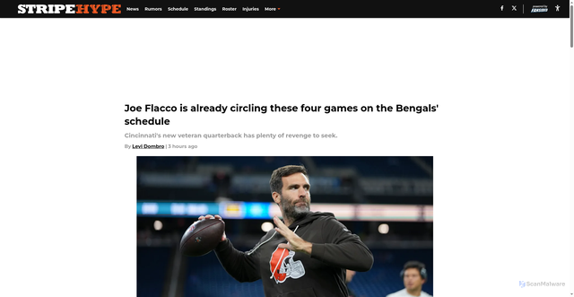 Security scan screenshot of https://stripehype.com/joe-flacco-already-circling-these-four-games-bengals-schedule