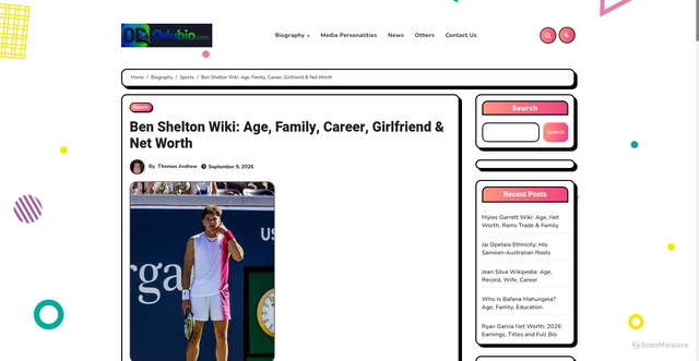 Security scan screenshot of https://odubio.com/ben-shelton-wiki/