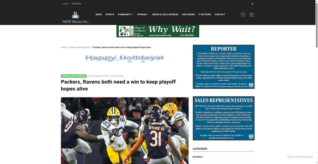 Security scan screenshot of https://www.newmedia-wi.com/packers-ravens-both-need-win-keep-playoff-hopes-alive