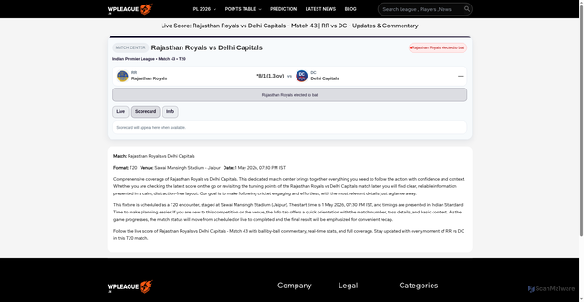 Security scan screenshot of https://wpleague.in/score-details/ipl-2026-rajasthan-royals-vs-delhi-capitals-match-43/96000