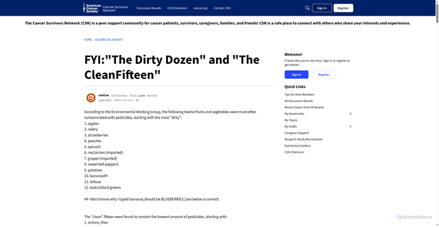 Security scan screenshot of https://csn.cancer.org/discussion/220605/fyi-the-dirty-dozen-and-the-cleanfifteen