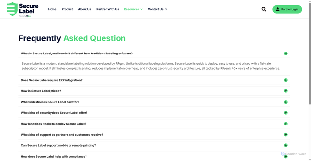 Security scan screenshot of https://securelabel.com/faqs/