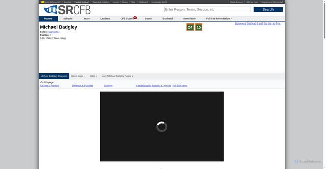 Security scan screenshot of https://www.sports-reference.com/cfb/players/michael-badgley-1.html