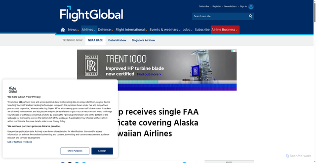 Security scan screenshot of https://www.flightglobal.com/strategy/alaska-air-group-secures-single-operating-certificate-for-alaska-and-hawaiian/165076.article