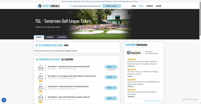 Security scan screenshot of https://www.ticketsonsale.com/sports/tgl---tomorrows-golf-league