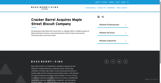 Security scan screenshot of https://www.bassberry.com/experience/cracker-barrel-acquires-maple-street-biscuit-company/