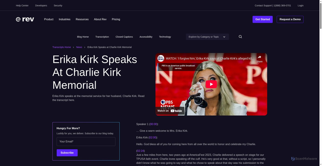 Security scan screenshot of https://www.rev.com/transcripts/erika-kirk-speaks-at-memorial