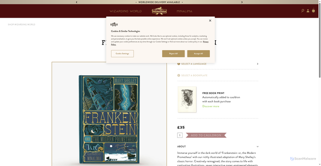 Security scan screenshot of https://minalima.com/product/book-frankenstein-or-the-modern-prometheus/?srsltid=AfmBOora4rsl2ktlIShtE5c5-e-0BRDW8ThTCwDp9iMvXaerOvhhjk7D