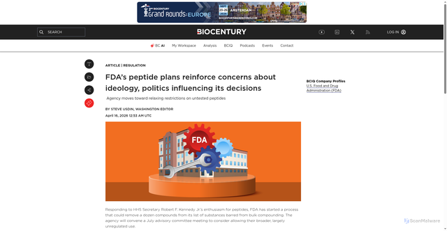 Security scan screenshot of https://www.biocentury.com/article/659153/fda-s-peptide-plans-reinforce-concerns-about-ideology-politics-influencing-its-decisions