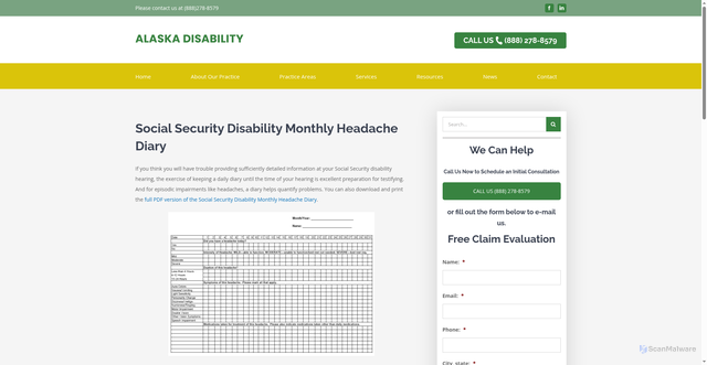 Security scan screenshot of https://alaska-disability.com/monthly-headache-diary