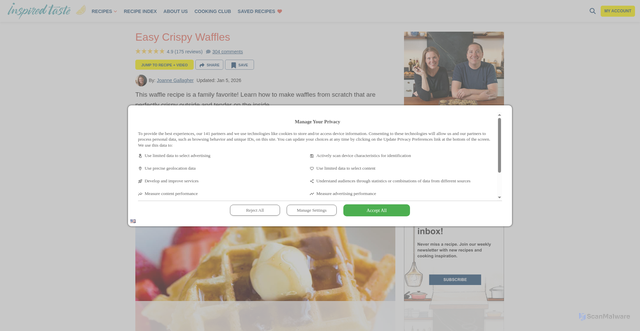 Security scan screenshot of https://www.inspiredtaste.net/25708/essential-waffle-recipe/
