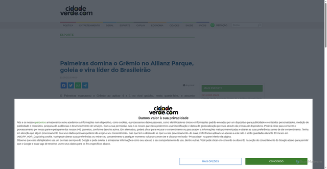 Security scan screenshot of https://cidadeverde.com/noticias/392007/palmeiras-domina-o-gremio-no-allianz-parque-goleia-e-vira-lider-do-brasileirao