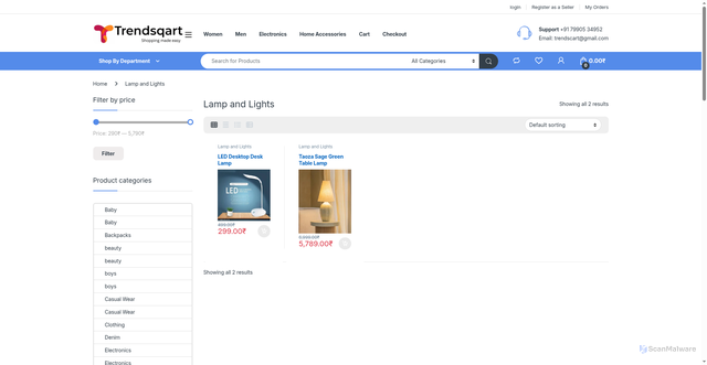 Security scan screenshot of https://trendsqart.com/product-category/lamp-and-lights/