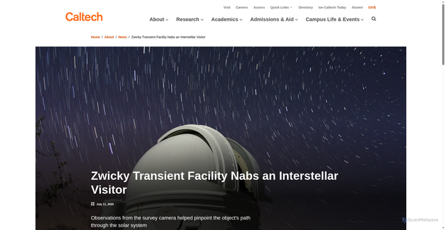 Security scan screenshot of https://www.caltech.edu/about/news/zwicky-transient-facility-nabs-an-interstellar-visitor