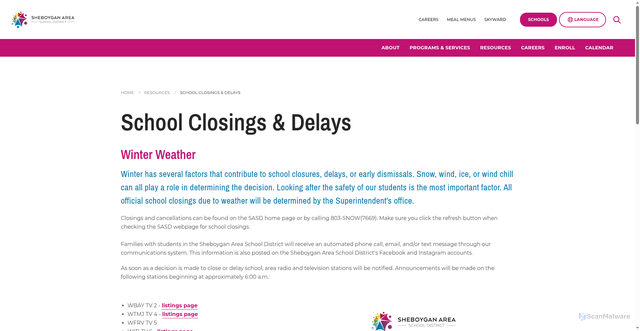 Security scan screenshot of https://www.sheboygan.k12.wi.us/resources/school-closings-delays