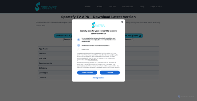 Security scan screenshot of https://app-sportzfy.com/download/