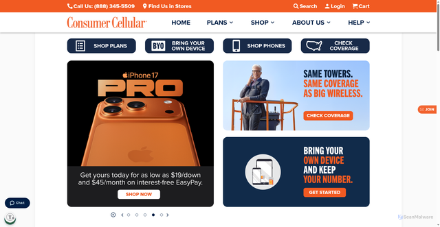 Security scan screenshot of https://www.consumercellular.com