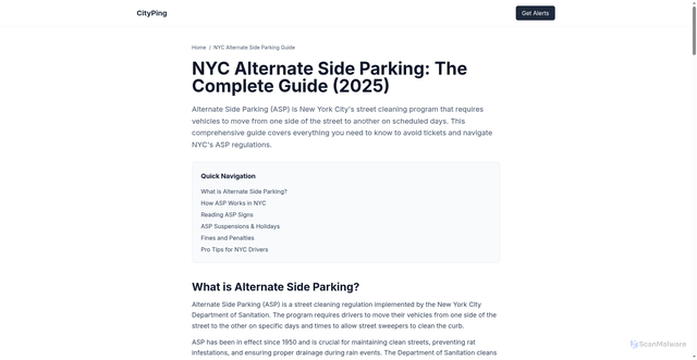 Security scan screenshot of https://cityping.net/nyc-alternate-side-parking-guide