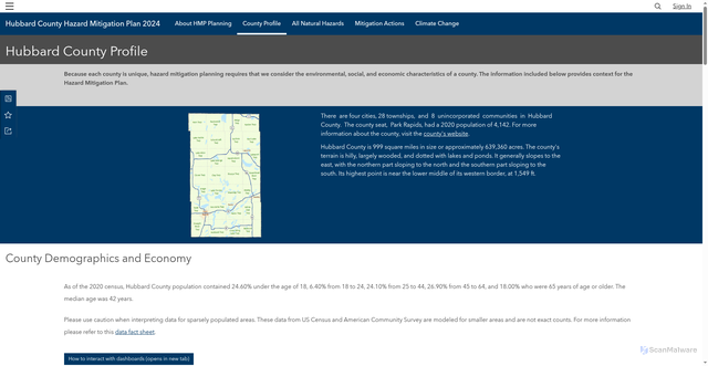 Security scan screenshot of https://hubbard-county-hmp-umn.hub.arcgis.com/pages/county-profile