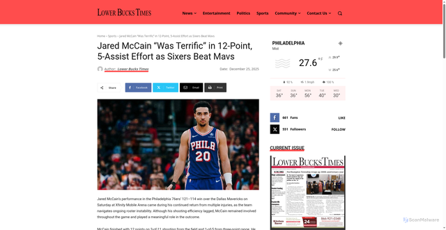Security scan screenshot of https://lowerbuckstimes.com/2025/12/25/jared-mccain-praised-in-sixers-win/