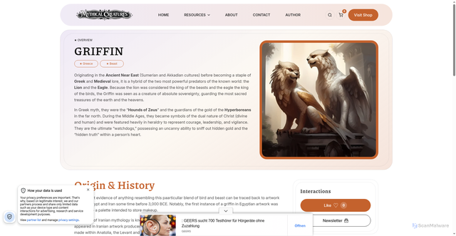 Security scan screenshot of https://mythical-creatures.com/glossary/greece/griffin/