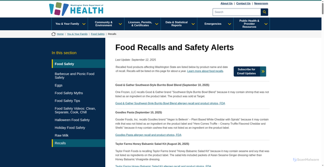 Security scan screenshot of https://doh.wa.gov/you-and-your-family/food-safety/recalls