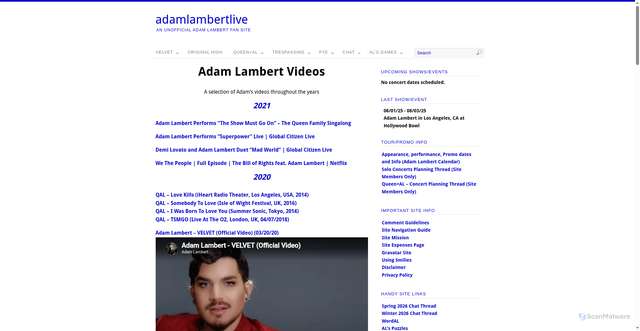 Security scan screenshot of https://www.adamlambertlive.org/adam-lambert-videos/