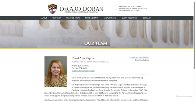 Security scan screenshot of https://www.decarodoran.com/staff/carol-ann-rapine/