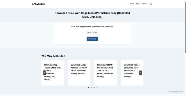 Security scan screenshot of https://apkloaderr.com/download-stick-war-saga/
