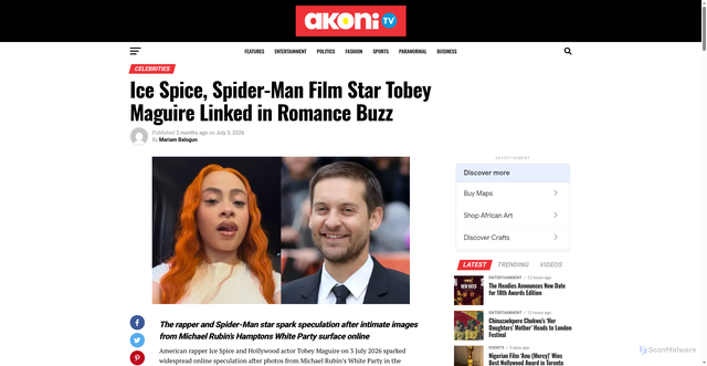 Security scan screenshot of https://akonitv.com/ice-spice-tobey-maguire-romance-rumours-white-party/