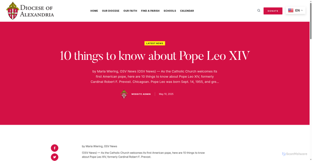 Security scan screenshot of https://www.diocesealex.org/10-things-to-know-about-pope-leo-xiv/