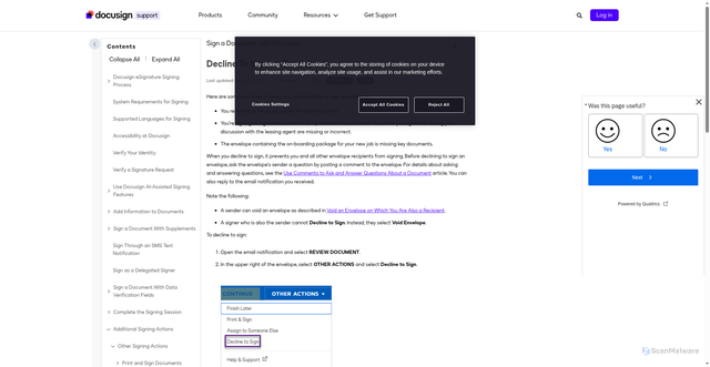 Security scan screenshot of https://support.docusign.com/s/document-item?bundleId=yca1573855023892&topicId=fqo1573855017663.html&_LANG=enus&language=en_US&rsc_301