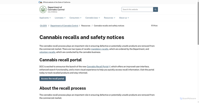 Security scan screenshot of https://cannabis.ca.gov/resources/cannabis-recalls-and-safety-notices/
