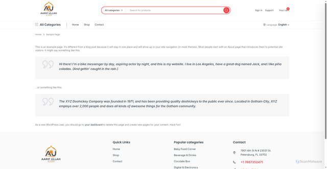 Security scan screenshot of https://aarifullahstore.com/sample-page/
