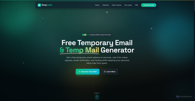 Security scan screenshot of https://tempmailix.com/