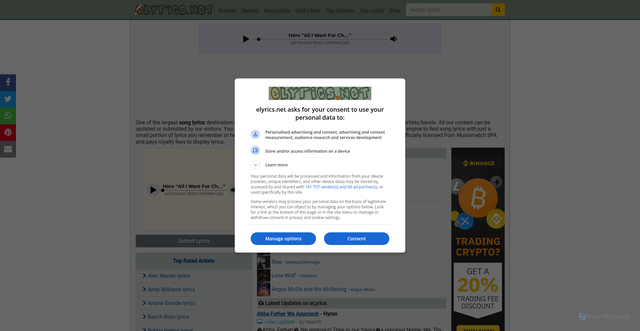 Security scan screenshot of https://elyrics.net