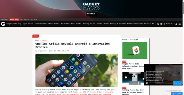 Security scan screenshot of https://oneplus.gadgethacks.com/news/oneplus-crisis-reveals-androids-innovation-problem/