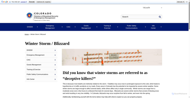 Security scan screenshot of https://dhsem.colorado.gov/info-center/colorado-hazard-information/winter-storm/blizzard