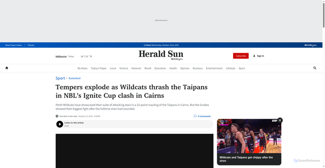 Security scan screenshot of https://www.heraldsun.com.au/sport/basketball/tempers-explode-as-wildcats-thrash-the-taipans-in-nbls-ignite-cup-clash-in-cairns/news-story/8e912ba6241698fdf7e56ad53e1f863b