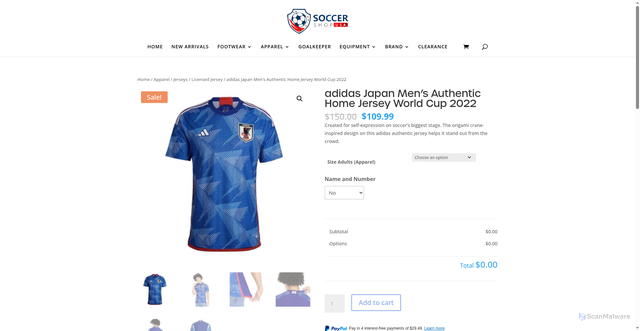Security scan screenshot of https://soccershopusa.com/product/adidas-japan-mens-authentic-home-jersey-world-cup-2022/?srsltid=AfmBOooFWCGhQSoEPqVS1AWopM0FOkeHyAtf7UTUZyLYJKgBhvUiPx55