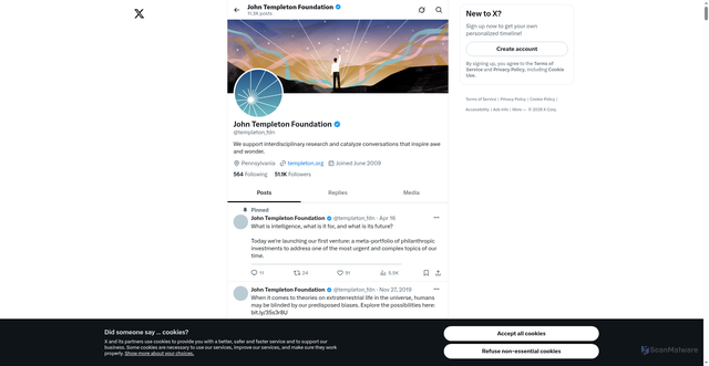 Security scan screenshot of https://x.com/templeton_fdn?utm_source=Receive+News+from+the+John+Templeton+Foundation&utm_campaign=643bd8b050-EMAIL_CAMPAIGN_2026_templetonideas_20260617&utm_medium=email&utm_term=0_-42837b4b08-97355777