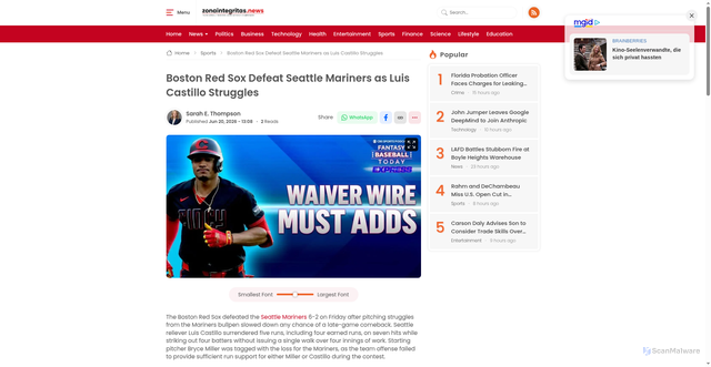 Security scan screenshot of https://www.zonaintegritas.news/mariners-red-sox-castillo-struggles