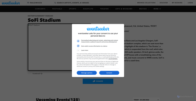 Security scan screenshot of https://eventseeker.com/venue/1139337-sofi-stadium-inglewood
